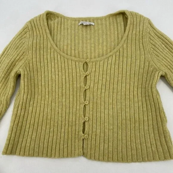American Eagle Button-Front Cardigan Size Large Yellow Ribbed Cropped L - Picture 5 of 11